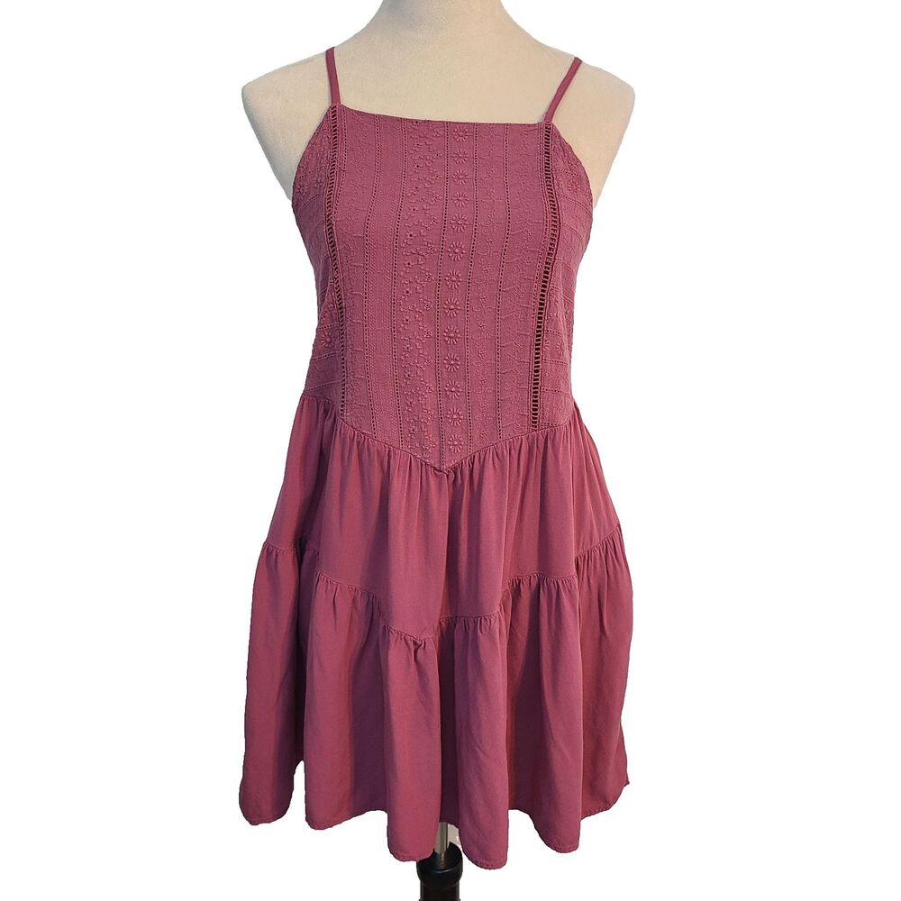 Wild Fable Mauve Eyelet Tiered Mini Dress L Boho Cottagecore Festival Romantic